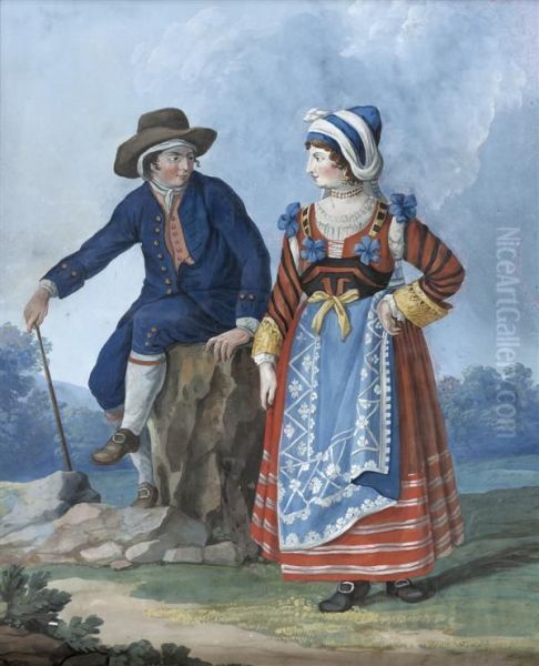 Couple De Paysans Napolitains Oil Painting by Saverio Xavier Della Gatta