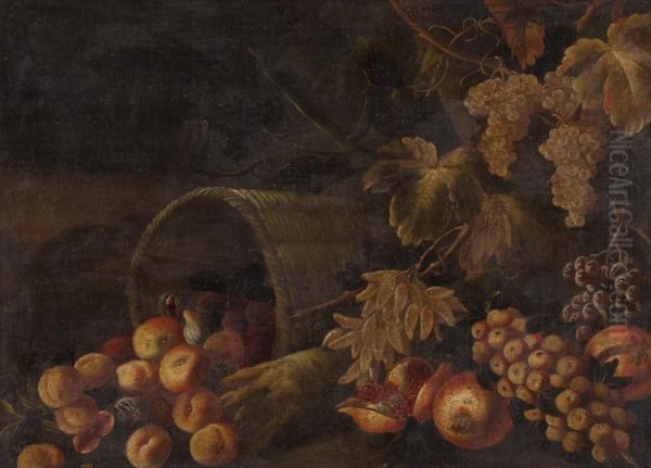 Pesche E Fichi In Una Cesta Di Vimini Con Tralci D'uva Su Un Piano Oil Painting by Francesco Della Questa