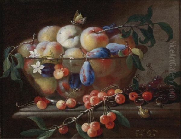 Still Life With Peaches And Plums In A Glass Bowl, Resting On A Table With Cherries And A Snail Oil Painting by Francesco Della Questa