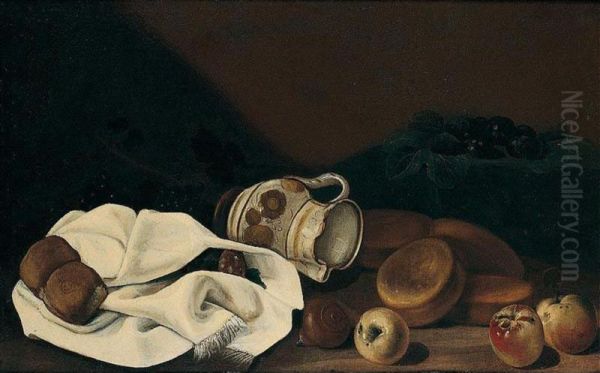 Still Life With A Pitcher, Top, Apples, Figs And Bread Oil Painting by Francesco Della Questa