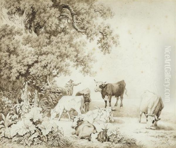 Idyllic
Landscape With Two Young Herdsmen, Cows And Goats Oil Painting by Pierre Louis Della Rive