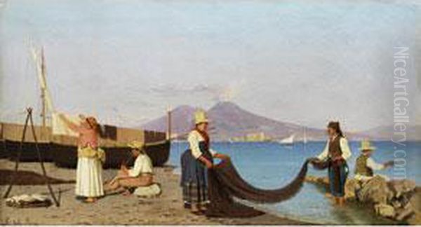 Wascherinnen Am Meeresufer In Der Bucht Von Neapel Oil Painting by Giovanni Della Rocca