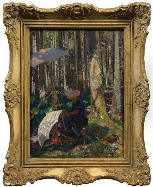 Sitzende Junge Malerin An Der Staffelei Im Wald Oil Painting by Olga Della-Vos-Kardovskaya