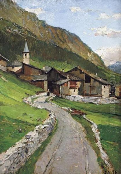 Borgo Alpino Oil Painting by Lorenzo Delleani