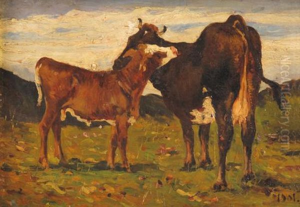 Mucca E Vitellino In Montagna Oil Painting by Lorenzo Delleani