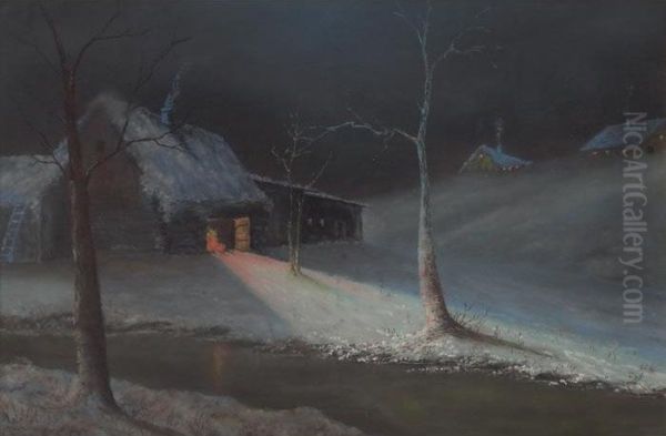 Cabin In Snow Oil Painting by Frederick Samuel Dellenbaugh