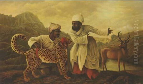 Two Men Training A Cheetah To Hunt Deer Oil Painting by Jean-Marie Delor