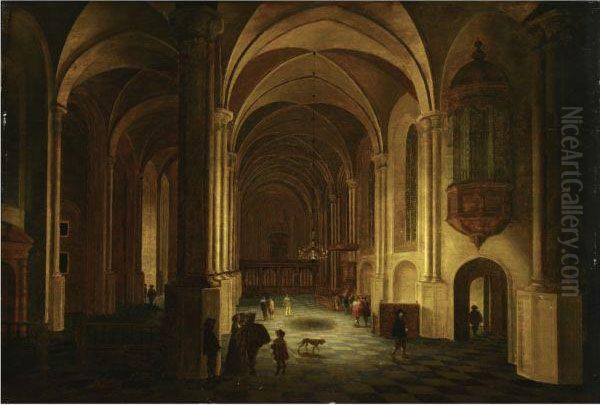 The Interior Of A Church At Night, With Elegant Figures Oil Painting by Anthonie De Lorme