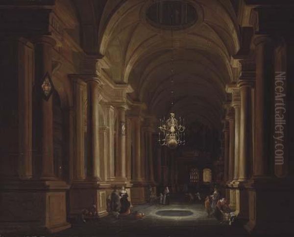 A Darkened Church Interior With Children Playing And Elegant Figures Conversing Oil Painting by Anthonie De Lorme