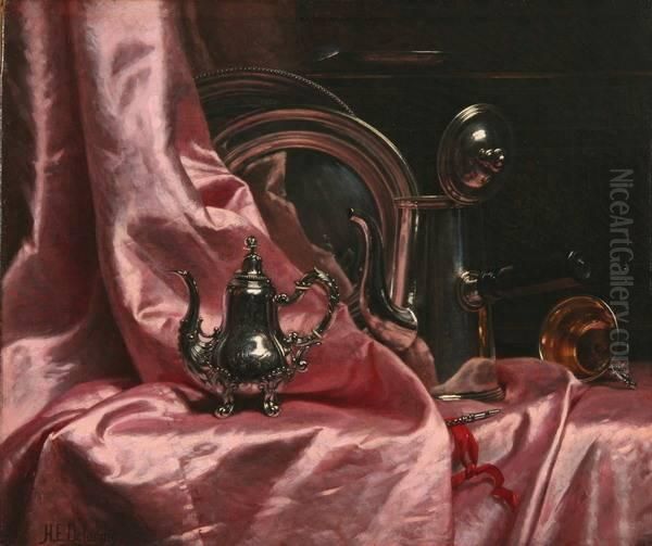 Still Life Of Satin And Silver Oil Painting by H.E. Delorme