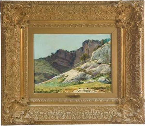 Sunlit Scene Of The Vivarais Mountains Oil Painting by Hubert Delorme