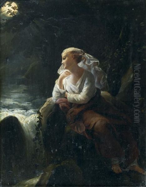 Jeune Fille Revant Au Bord D'une Cascade Au Clair De Lune Oil Painting by Pierre Claude Fr. Delorme