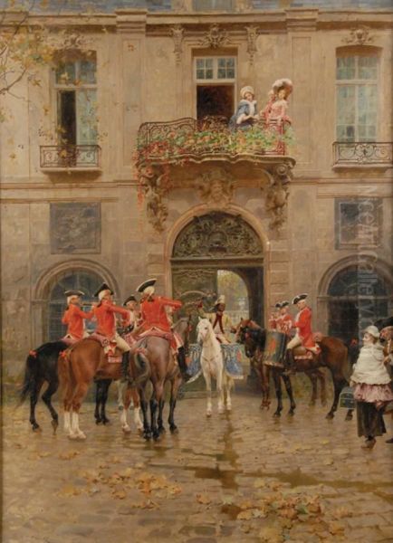 Courtyard With Musicians And Admirers On A Balcony Oil Painting by Charles Edouard Edmond Delort