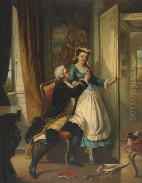 Lovers In A Period Interior With A Dog In Thedoorway Oil Painting by Charles Edouard Edmond Delort