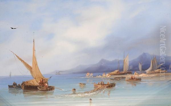 Pecheurs Et Bateau A Vapeur Au Loin. Oil Painting by Giuseppe Delpinoy