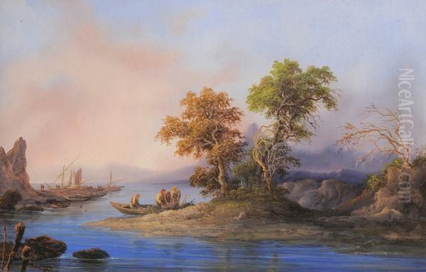 Personnages Pres De La Riviere Et Le Retour De La Peche. Oil Painting by Giuseppe Delpinoy