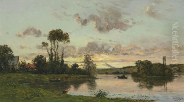 Sunset On The Banks Of The River Oil Painting by Hippolyte Camille Delpy