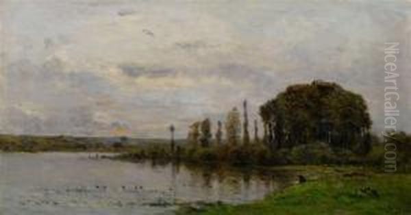 River Landscape With Ducks Oil Painting by Hippolyte Camille Delpy