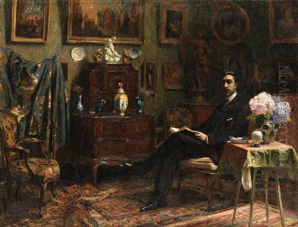 A Gentleman Reading In An Interior Oil Painting by Gabriel Deluc