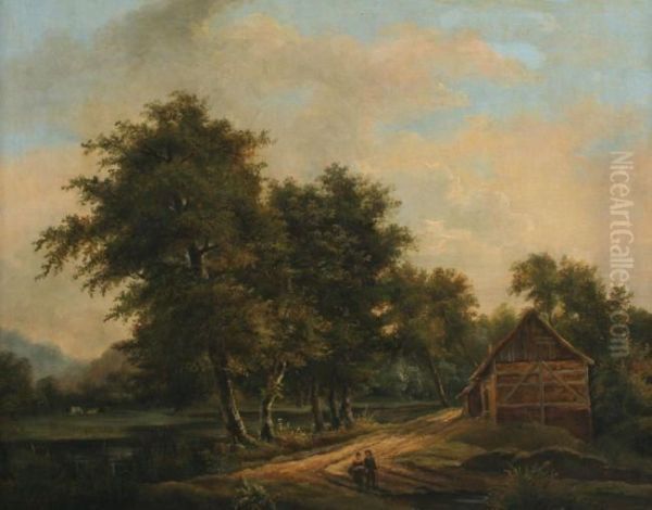 Landschaft Mit Feldweg Und Wanderern Oil Painting by Ferdinand Marie Delvaux