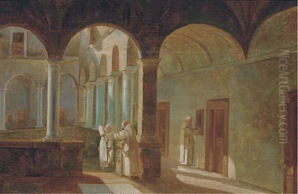 Monks In A Sunlit Cloister Oil Painting by Ferdinand Marie Delvaux