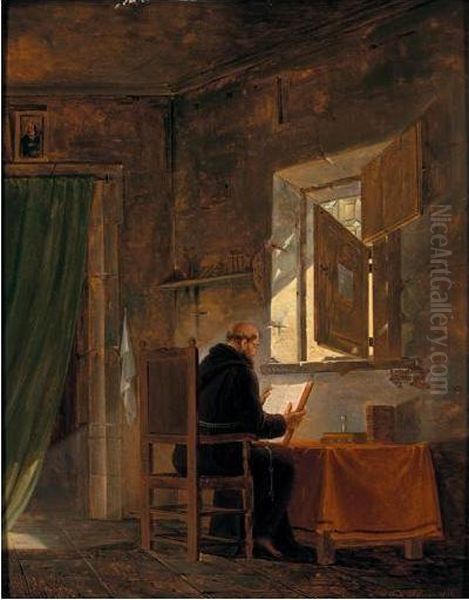 A Monk In An Interior Reading Before An Open Window Oil Painting by Ferdinand Marie Delvaux