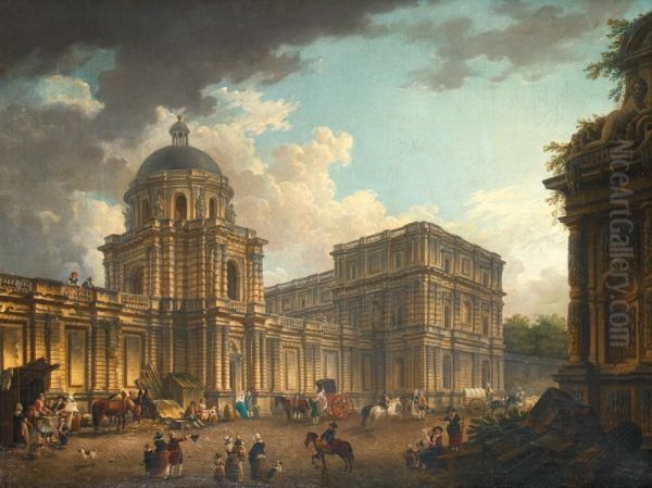 Vue Du Palais Du Luxembourg Anime De Personnages Et De Caleches Oil Painting by Pierre-Antoine Demachy