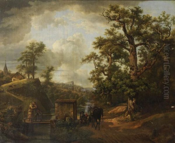 Paysage Avec Un Cavalier Et Un Religieux Oil Painting by Jean Louis (Marnette) De Marne