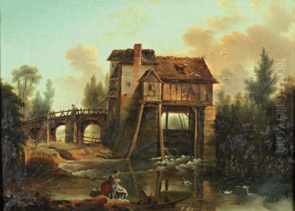 Lavandiere Pres D'un Moulin A Eau A Colombages Oil Painting by Jean-Francois Demay