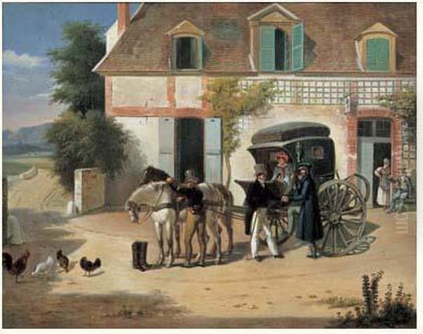 Une Caleche Devant Un Relais De Poste Oil Painting by Jean-Francois Demay