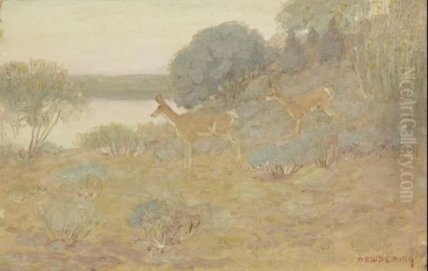 Antelopes In Wyoming Landscape Oil Painting by Edwin Willard Deming