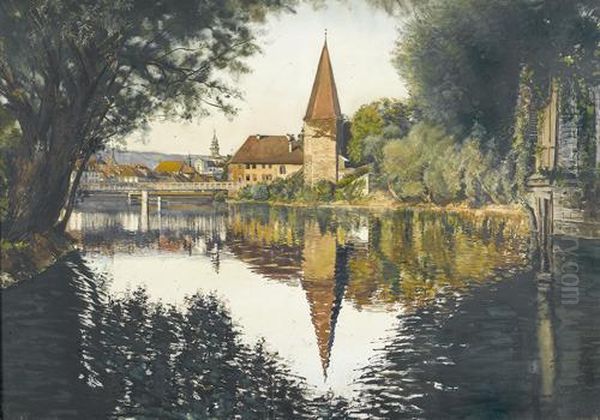 Ansicht Der Aare Bei Solothurn Mit Dem Krummen Turm. Oil Painting by Paul Demme