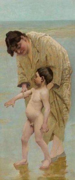 Mere Et Enfant A La Plage Oil Painting by Virginie Demont-Breton