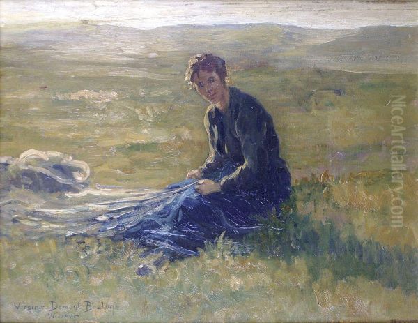 Jeune Fille Dans La Prairie A Wissant Oil Painting by Virginie Demont-Breton