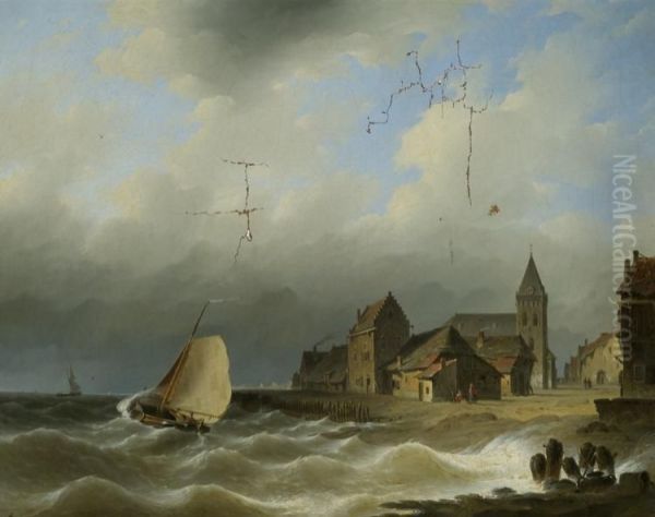 Sailing Vessels Off The Coast Near A Dutch Town Oil Painting by Herman Henry Op Der Heijde