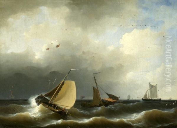 Sailing Vessels Off The Coast Oil Painting by Herman Henry Op Der Heijde