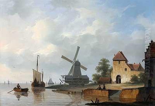 Belebte Kuste Mit Windmuhle Und Schiffsverkehr Oil Painting by Herman Henry Op Der Heijde