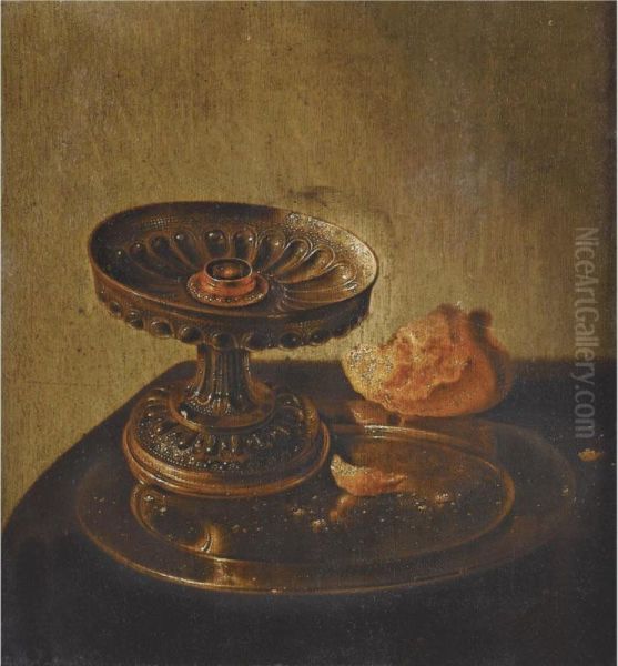 Still Life With A Tazza And Bread Roll On A Pewter Plate On A Draped Ledge Oil Painting by Jan Jansz Den Uyl