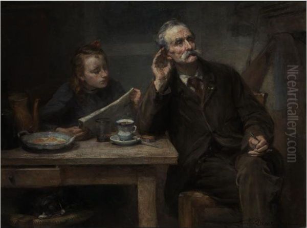 Reading To Grandfather Oil Painting by Charles-Clement Denet