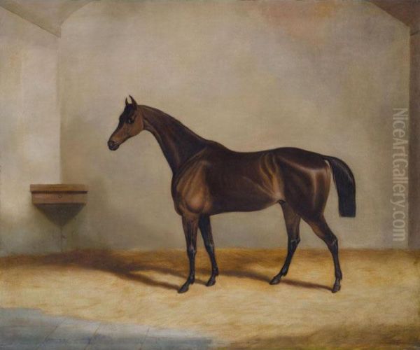 A Bay Racehorse In A Stable Oil Painting by Richard Denew