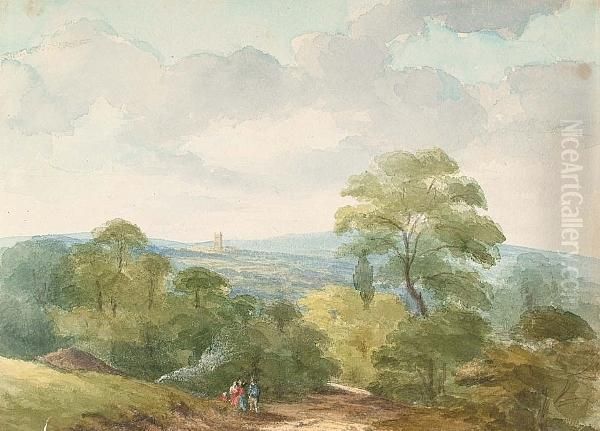 Figures On The Road To Gloucester, With 4 Other Similar Landscapes By The Same Hand Oil Painting by John Charles Denham