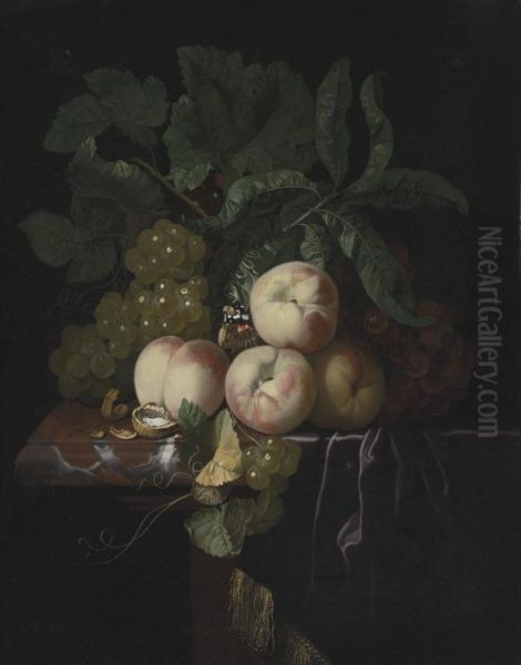 Still Life Of Peaches And Bunches Of Grapes Resting On A Marble Ledge Oil Painting by Isaak Denies