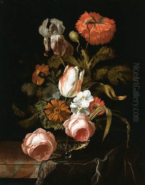 A Tulip, Roses, An Iris, A Peony And Other Flowers In A Glass Vaseon A Partially Draped Stone Ledge Oil Painting by Isaak Denies