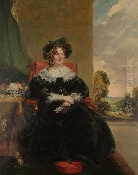 Portrait Of A Seated Lady Wearing A Black Dress With A Lace Colour, Flowers Beside Her And A Landscape Beyond Oil Painting by Stephen Poyntz Denning