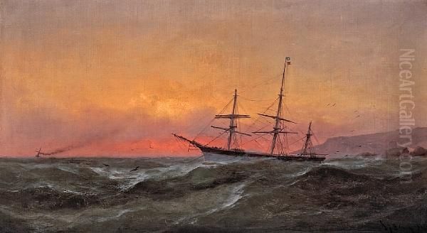 Ship Sailing At Sunset Oil Painting by Gideon Jacques Denny