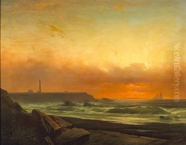 The Lighthouse At Point Arena With A Schooner Offshore Oil Painting by Gideon Jacques Denny