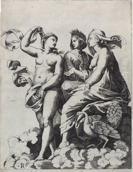 Juno, Ceres, And Psyche (b. 327) Oil Painting by Marco Dente Da Ravenna