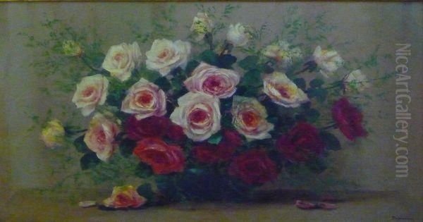 Bouquet De Roses Oil Painting by Gabrielle Marguerite Deplancher