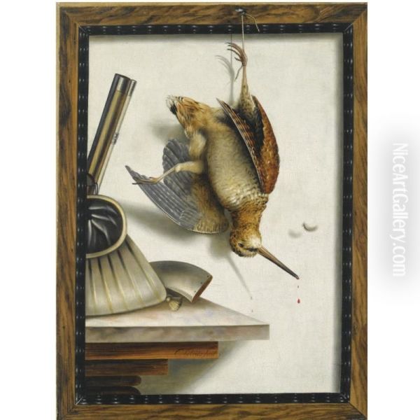 A Woodcock And Hunting Equipment, All Framed In A Partly Ebonised Wood Frame Oil Painting by Cornelis V. Bilt Der Biltius