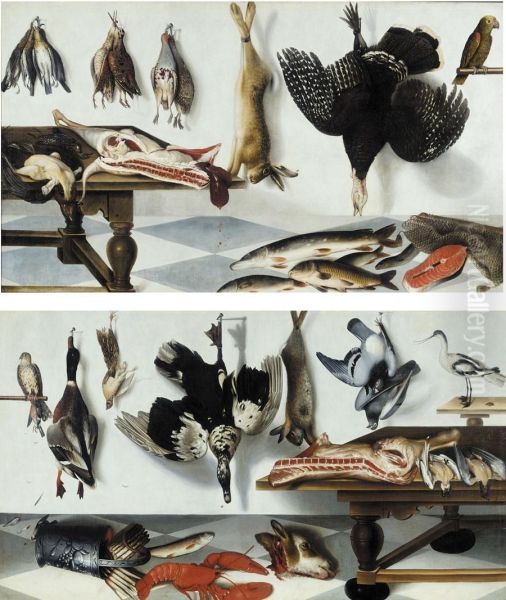 Game Larder With A Hare Partridge Snipea Turkey Head Asparagus Lobster And Trout With A Hawk And A Plove Oil Painting by Cornelis V. Bilt Der Biltius